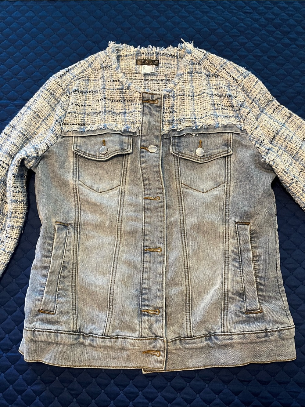VENUS Blue, White & Black Tweed Jean Jacket
